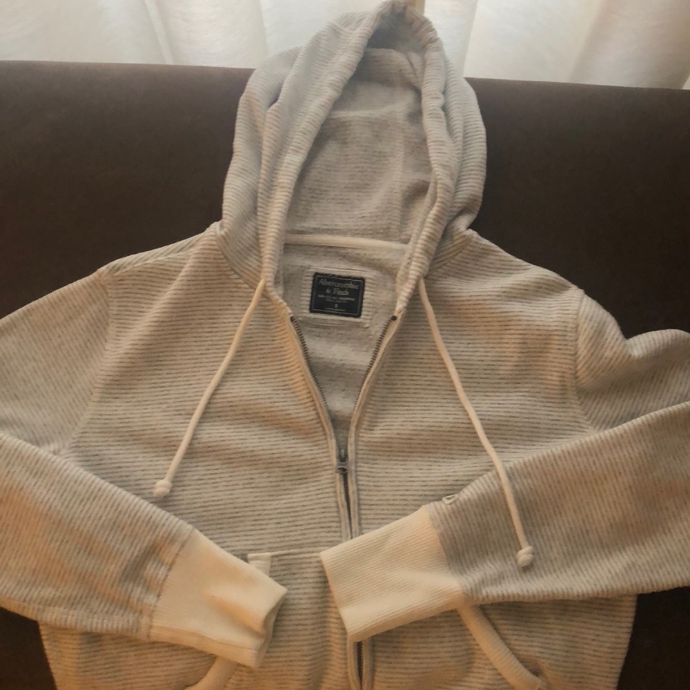 A&F grey and white striped zip up hoodie, size S